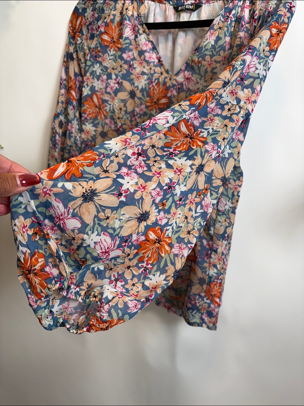Orange and Blue Floral Long Sleeve Relaxed Blouse - Picture 5 of 13
